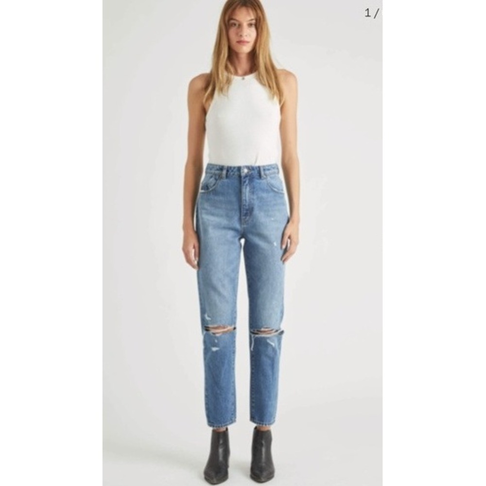 Rollas Dusters High Rise Slim Distressed Blue Organic Cotton Jeans Womem Size 30